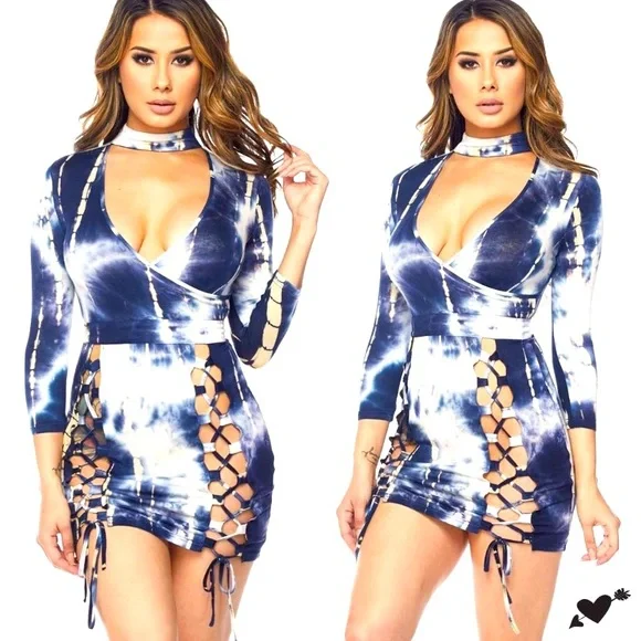 Banjul Dresses | Tie Dye Lace Up Mini Dress - Navy Blue/White | Color: Blue/White | Size: L | Rosebuds134'S Closet